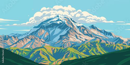 Snow covered mountain landscape under a clear blue sky with clouds and panoramic winter view