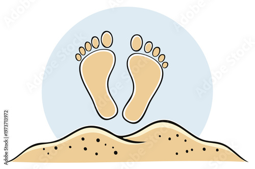Two bare footprints impressed in sand under a light blue sky, symbolizing a journey or presence
