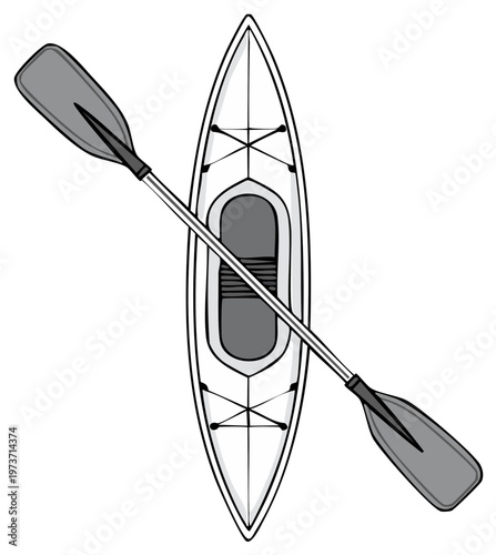 Overhead view of kayak and paddle. Illustration of watercraft and oars for adventure