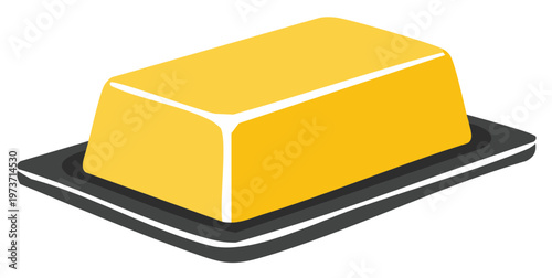 Simple vector illustration of a yellow stick of butter on a dark butter dish for cooking and baking concepts