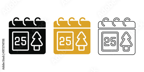 Christmas Calendar Icons: Black, Gold, and Outline Styles for December 25th Celebration