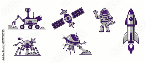 Space exploration icons set, astronaut rocket satellite and rover illustration. Cosmic technology collection with flat purple outline style for science projects, engineering infographics, and sticker