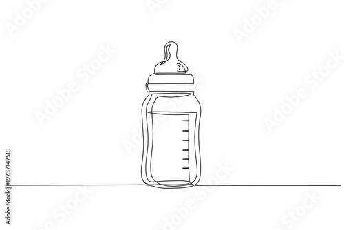Continuous line drawing of baby nursing bottle with measurement scale for infant nutrition.