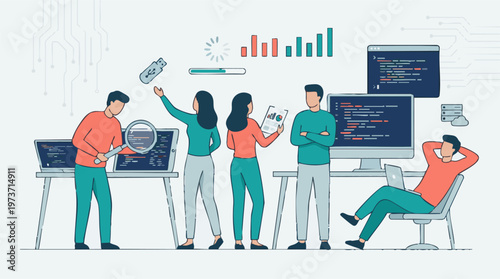 Software development team analyzing data and coding in a modern office environment