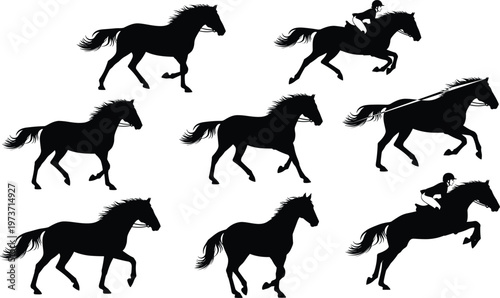 Diverse Equestrian Horse Silhouette Collection, Including Galloping, Jumping, and Trotting Poses with Jockeys, Cad Drawing Flat Vector Illustration