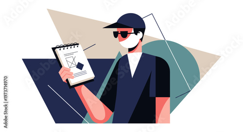 Illustrated man in protective face mask holding clipboard with blue medical appointment card in modern geometric shapes for healthcare and pandemic