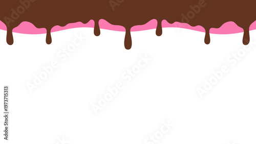 Sweet melting chocolate and pink strawberry icing glaze background. Melted syrup or dripping liquid sauce. Minimalist sweet chocolate and strawberry pink background. Minimalist wavy background.