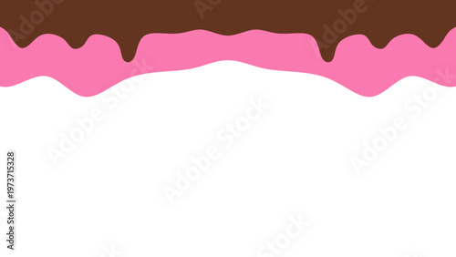 Sweet melting chocolate and pink strawberry icing glaze background. Melted syrup or dripping liquid sauce. Minimalist sweet chocolate and strawberry pink background. Minimalist wavy background.