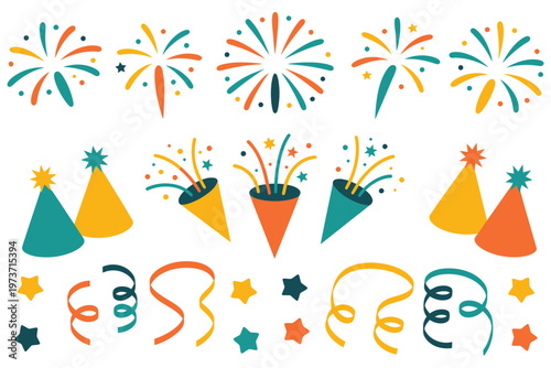 brightly colored celebration elements including fireworks, party hats, confetti cannons, and streamers, vibrant festive composition, joyful party atmosphere, perfect for holiday events, birthdays