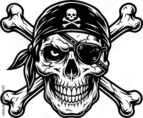 Black Pirate Skull and Crossbones Icon with Vintage Nautical Emblem