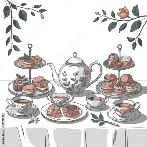 Afternoon tea spread with cakes pastries and teapot tea time food and drink