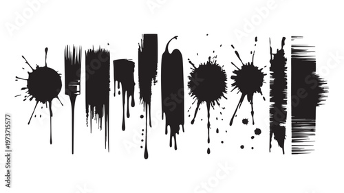 Ink splatter and drip grunge brush stroke set for urban artistic overlays, distressed textures, and expressive design