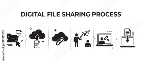 Digital file sharing process vector illustration with cloud and network icons.