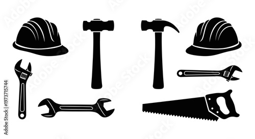 construction tools handyman equipment and safety gear like hard hats hammers wrenches and a saw for industry and diy.