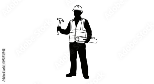 construction worker and builder engineer in a hard hat holding blueprints and a hammer symbolizing skilled labor and industry professionalism