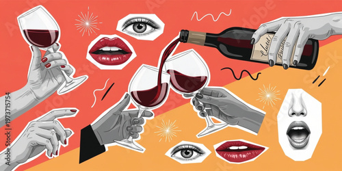 Wine Tasting Collage with Hands Pouring and Holding Glasses, Lips and Eyes Elements in Pop Art Style for Party, Lifestyle, and Beverage Design