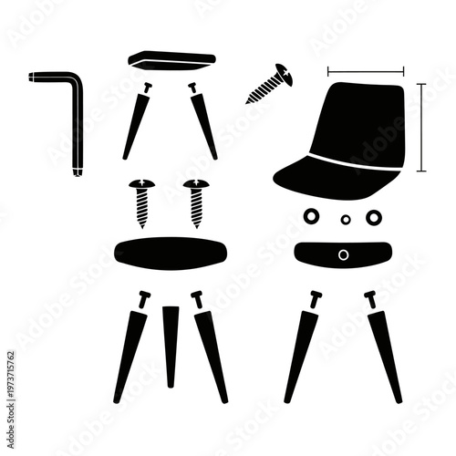 furniture assembly diagram illustrating chair and stool components hardware and tools for product construction
