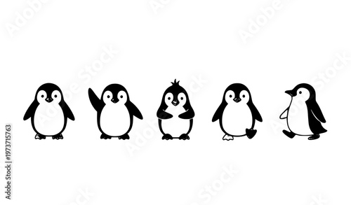 Cute penguin characters lineup simple Antarctic bird cartoon vector illustration