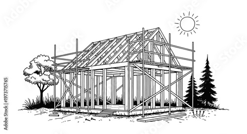 doodle construction sketch of a wooden house frame and roof truss with scaffolding on a sunny day depicting home building progress