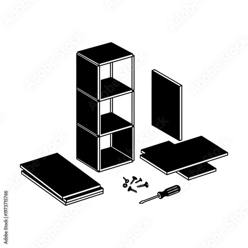 flat pack furniture assembly illustration of a diy modular shelving unit with components screws and a screwdriver.