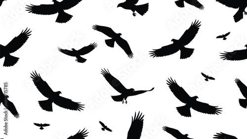 Seamless pattern with flying eagle silhouettes black and white, bird of prey background for textile print, patriotic design, wallpaper, wrapping paper, or vector illustration design element