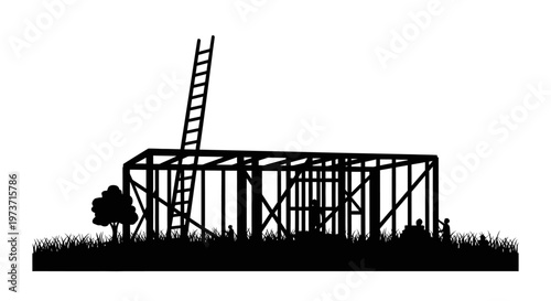 house construction building frame silhouette with workers on site representing new home development and future growth.
