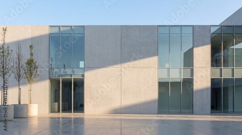 Modern minimalist building with large glass windows and smooth concrete panels. Geometric facade with sharp lines, planters, and sunlight casting angular shadows
