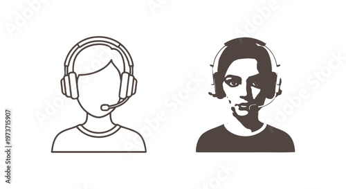 customer service support avatars featuring a faceless line icon and a female operator with a headset for communication.