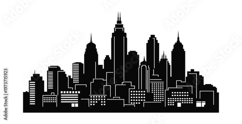 Black silhouette of a modern city skyline with tall skyscrapers