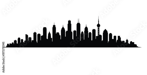 Title dramatic black silhouette of a modern city skyline at dusk description a stark black silhouette depicts a dense urban