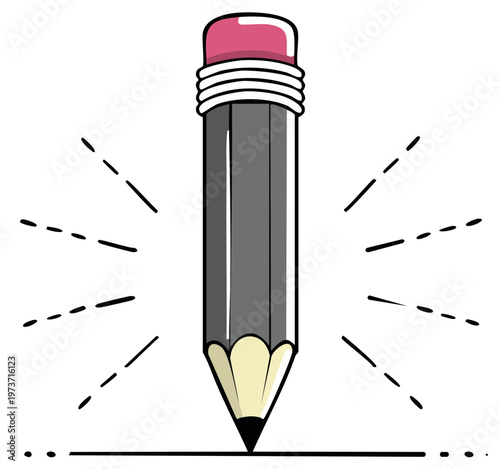 Stylized pencil drawing a line with radiating dash mark accents conveying creativity and design process, idea conception
