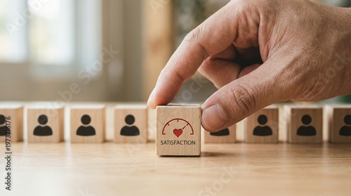 Satisfaction and Service: A hand carefully selects a block symbolizing satisfaction, emphasizing the importance of excellent service and positive customer relations. 