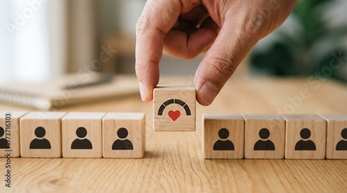 Customer service level selection: A hand delicately selects a block with a heart icon representing high level customer service.