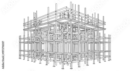 scaffolding construction outline illustrating an unfinished building framework for architectural design and real estate development.