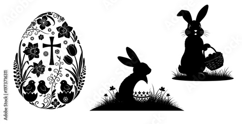 Black and white easter silhouettes egg bunnies and floral details
