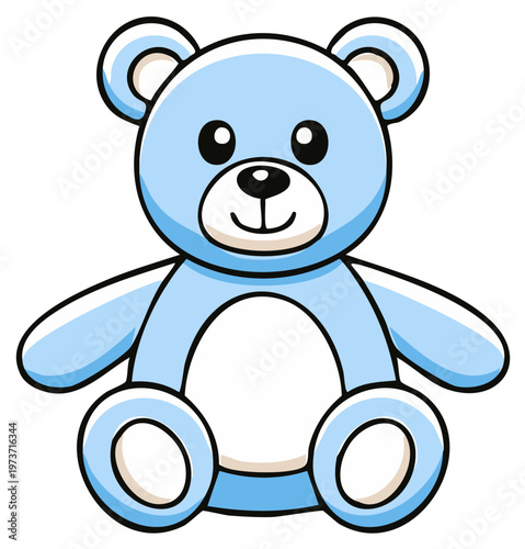 Cute Light Blue Teddy Bear Toy Sitting Upright with Outlined Edges on Solid White Background