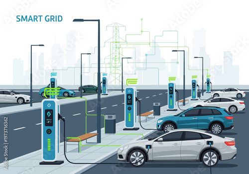 Smart grid electric vehicle charging stations in a modern city street scene
