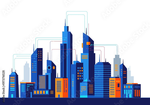 Modern city skyline illustration with connected smart buildings and urban network infrastructure