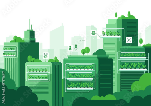 Green city development with vertical farms and sustainable architecture, fostering urban agriculture and eco-friendly living
