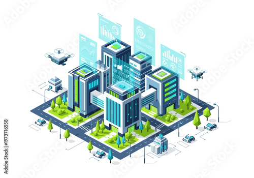 Futuristic smart city isometric illustration with interconnected buildings, drones, and autonomous vehicles showcasing advanced technology and urban development