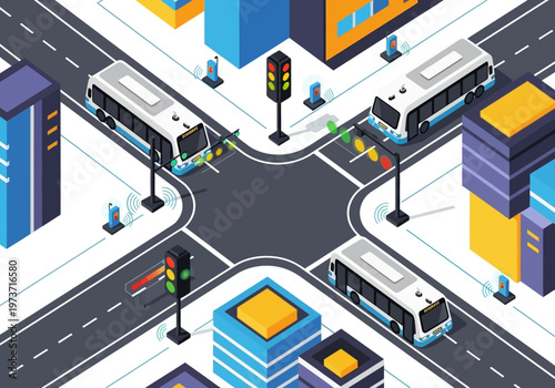 Isometric view of a busy city intersection with buses, traffic lights, and buildings