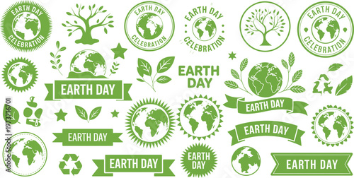 Earth Day themed icon and stamp collection for environmental awareness branding, sustainability certification labels and eco-conscious marketing materials