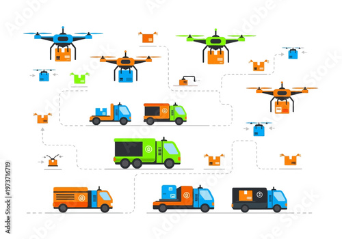 Autonomous delivery vehicles, including drones and trucks, illustrating modern logistics and transportation solutions for rapid shipping