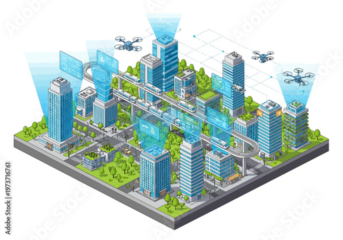 Futuristic Smart City with Flying Drones and Holographic Displays Showcasing Advanced Technology and Sustainable Urban Living