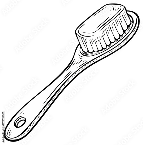 Drawn brush with bristles for grooming, hand-drawn style of object with short handle