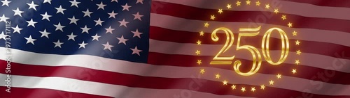 Ultrawide Patriotic celebration background with glowing golden 250 symbol and stars on the American flag, representing the United States semiquincentennial