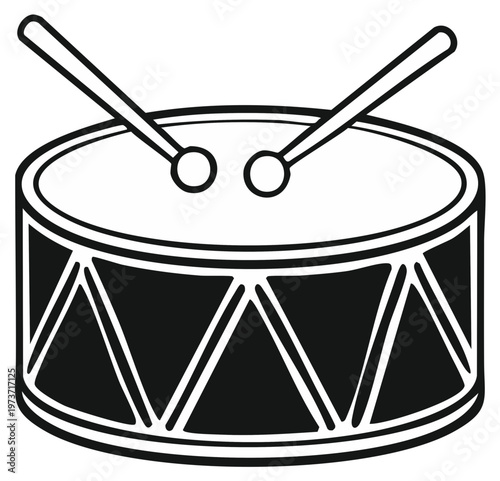 Black and white line art illustration of a snare drum with drumsticks ready for playing