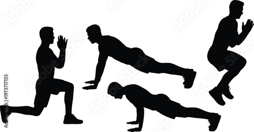 Exercise silhouettes illustration, fitness workout poses, bodyweight training art, strength movement design, healthy lifestyle concept, push-up plank lunge jump squat sequence