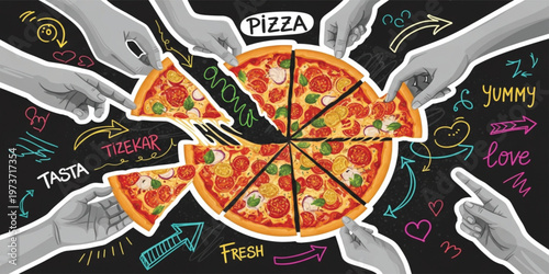 Pizza Sharing Concept with Hands Taking Slices, Colorful Doodle Elements, and Tasty Italian Food Illustration for Restaurant Menu, Delivery, and Social Eating Design