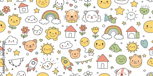 Seamless Cute Cartoon Pattern with Happy Animals, Rainbow, Sun, Houses, Rockets, and Flowers in Soft Colors for Kids Nursery, Fabric, and Wallpaper Design